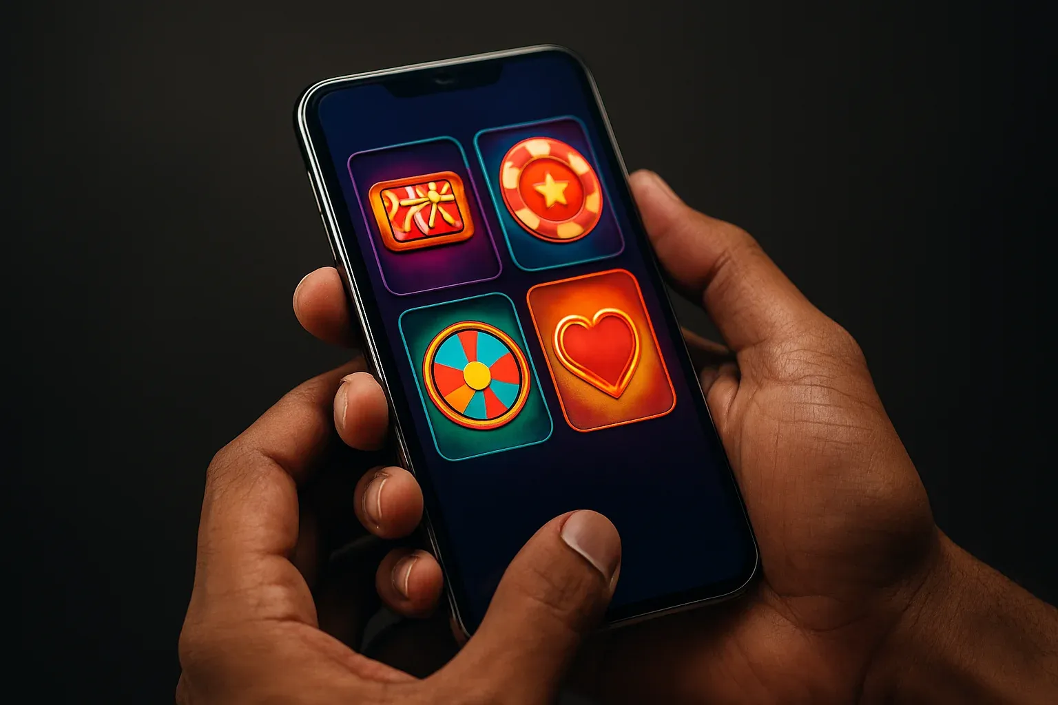 Premium Android smartphone in Bangladeshi male hands showing glowing casino-style app interface