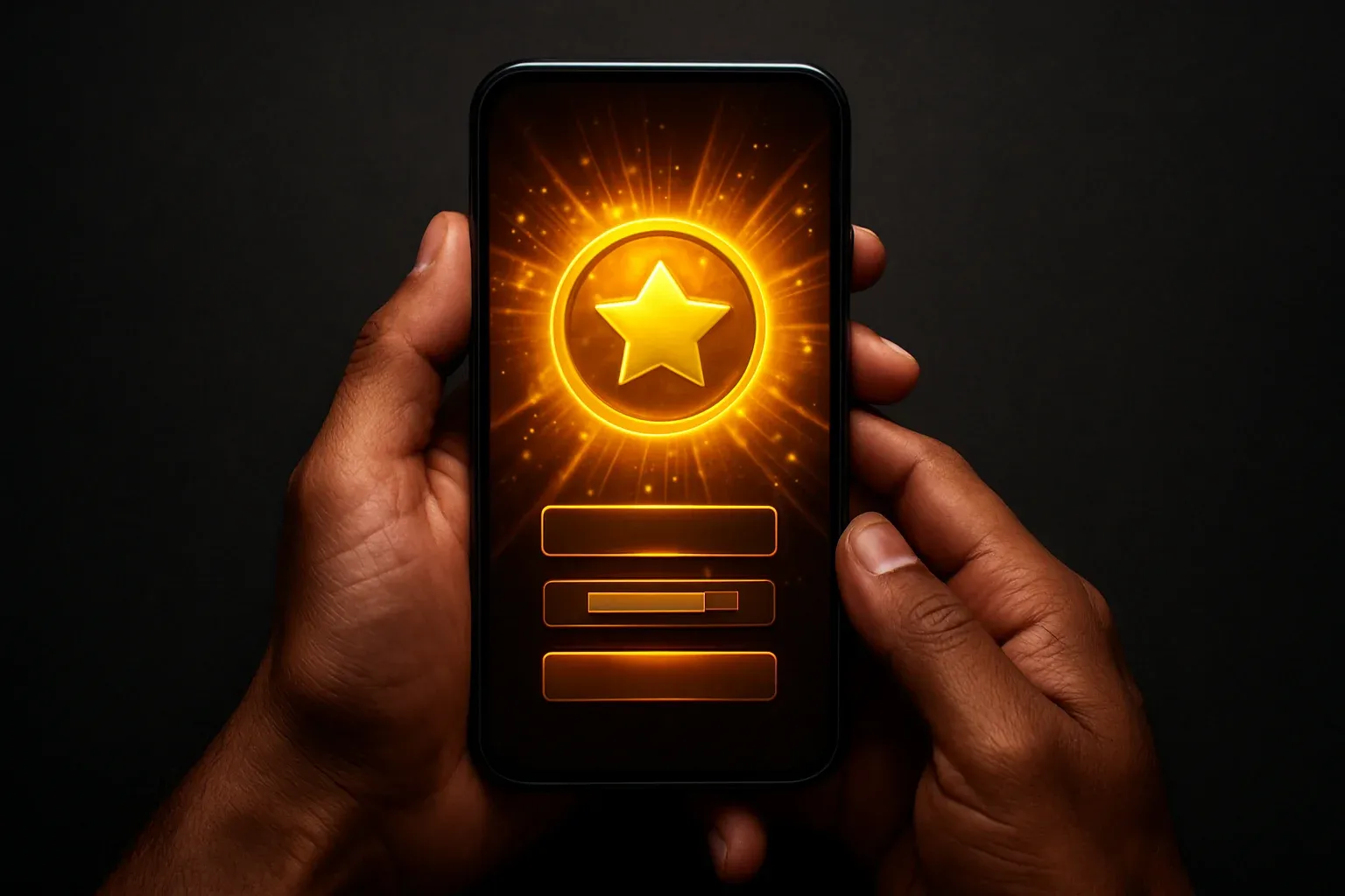 Bangladeshi man's hands holding smartphone with glowing golden reward screen