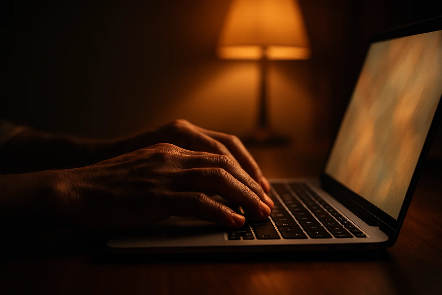Bangladeshi hands typing on laptop keyboard with warm ambient lighting