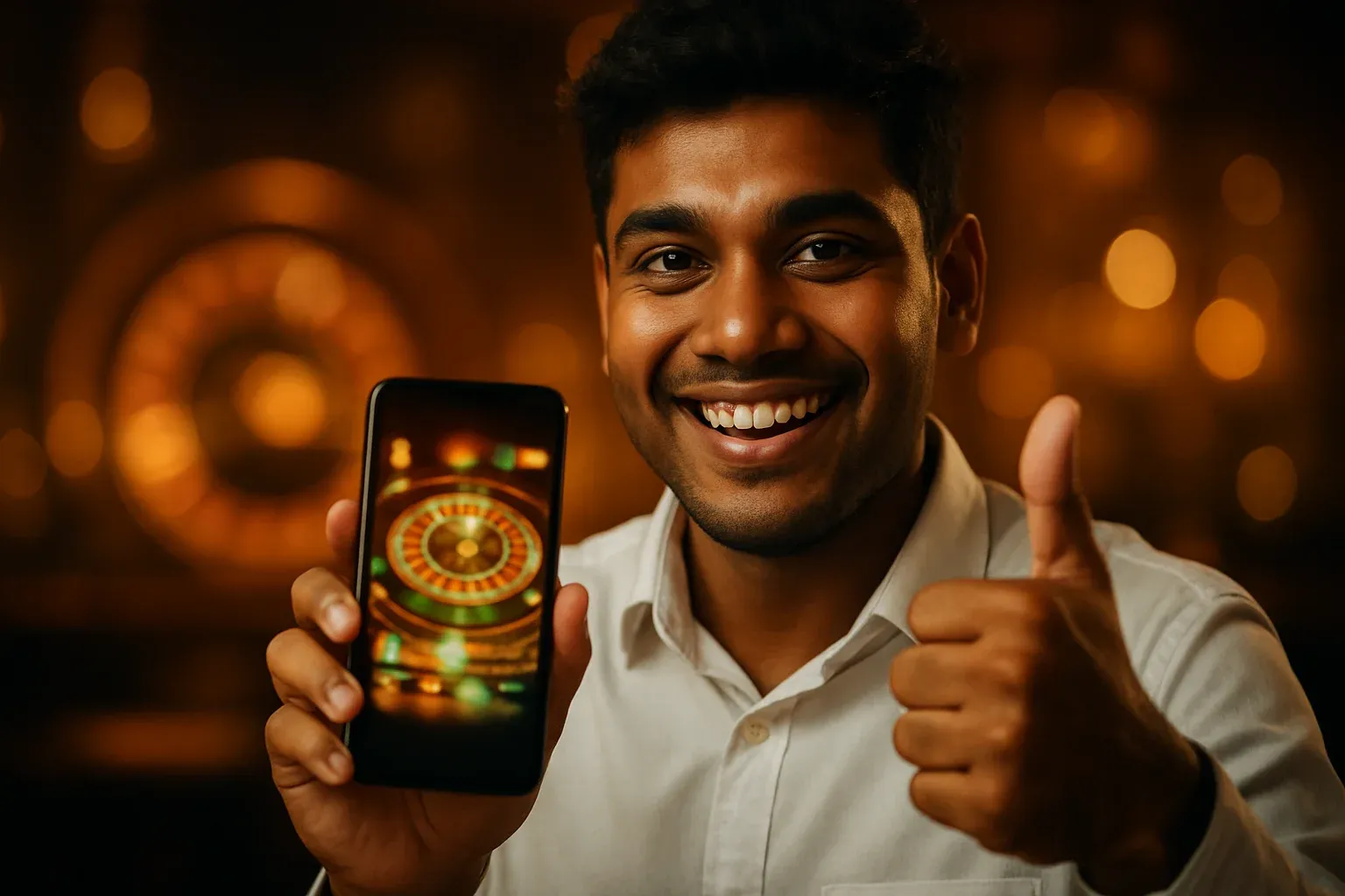 Young Bangladeshi man showing smartphone with thumbs-up in casino lounge