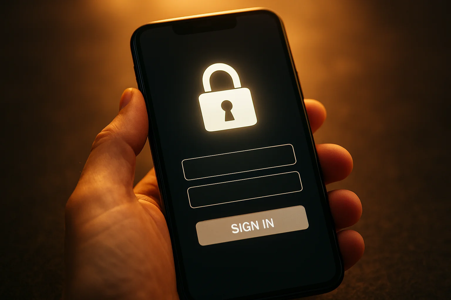 Hand holding smartphone with secure login interface and glowing padlock icon