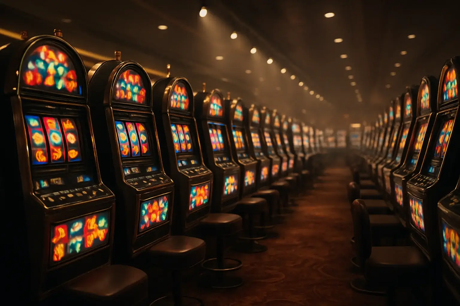 Ultra-realistic wide shot of glowing slot machines in opulent casino hall